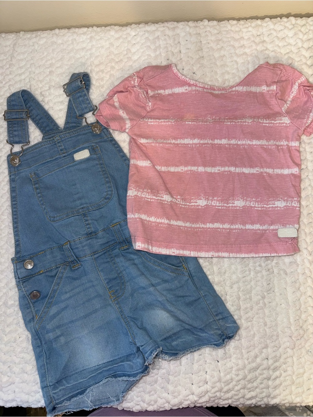 7 For All Mankind Light Blue Denim Short Overalls with Pink Striped Tee